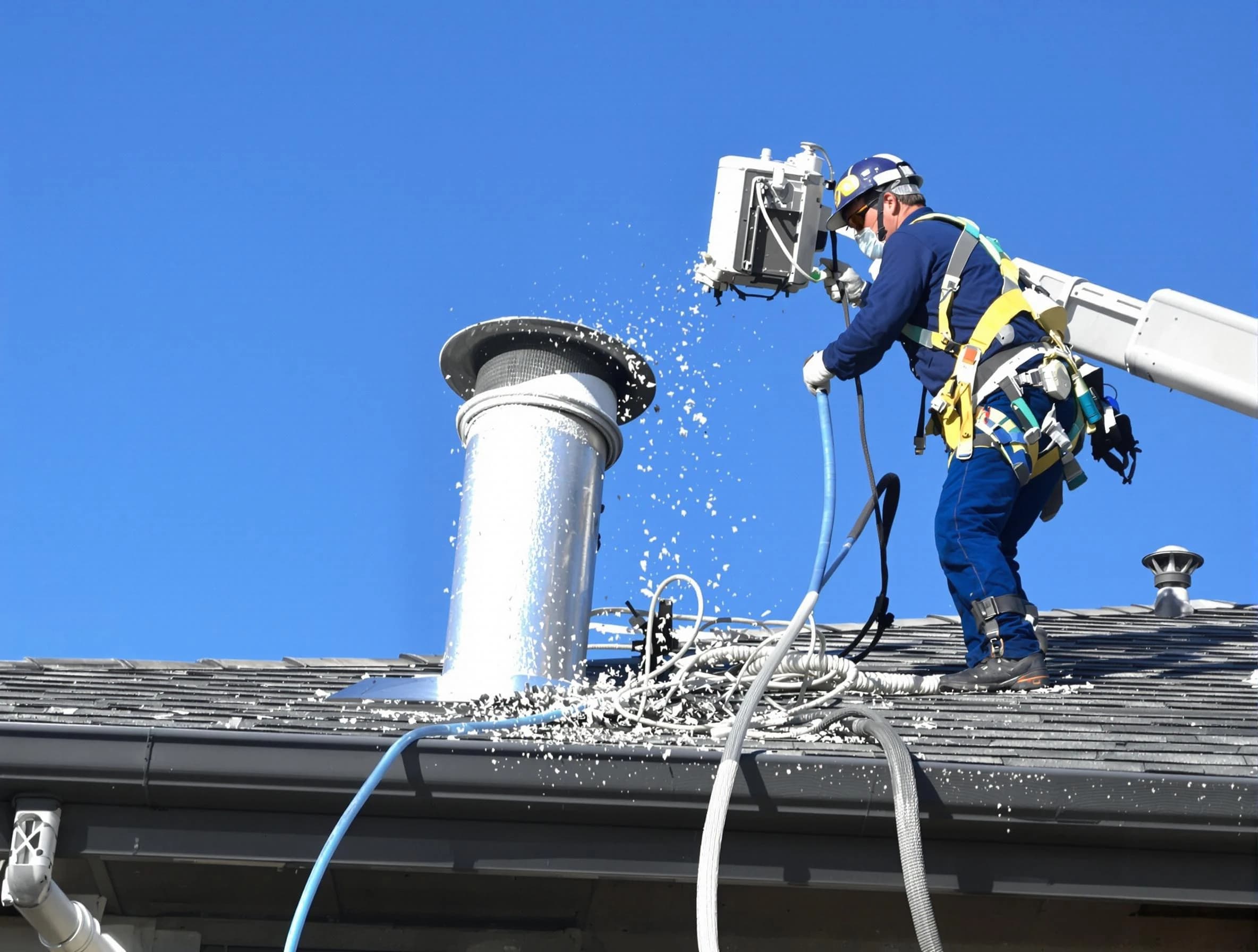 El Cerro Dryer Vent Cleaning certified technician safely cleaning a roof-mounted dryer vent in El Cerro